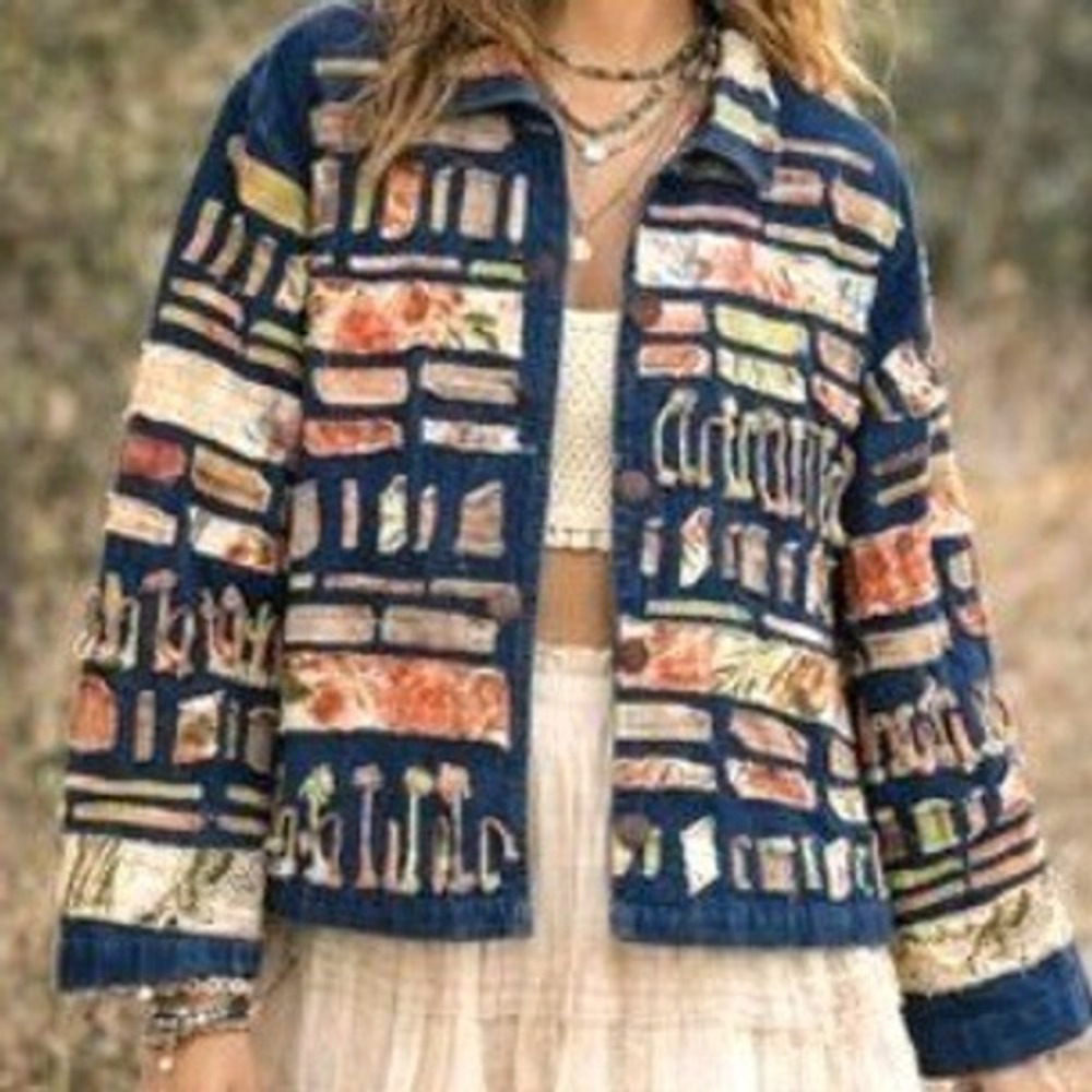 NEW DIRECTION Womens Large Vintage Patchwork Denim Jacket Boho Fringe Art Granny